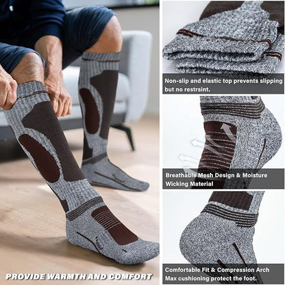 Merino Wool Ski Socks 2 Pairs for Mens Womens Knee High Thermal Snowboarding Socks for Cold Weather