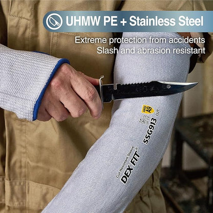 DEX FIT SSG913S ANSI A9 Cut Resistant Sleeves with Thumb Hole, Comfortable Arm Covers for Thin Skin and Bruising, Anti Slip Strap, Machine Washable; Blue L 1 Pair