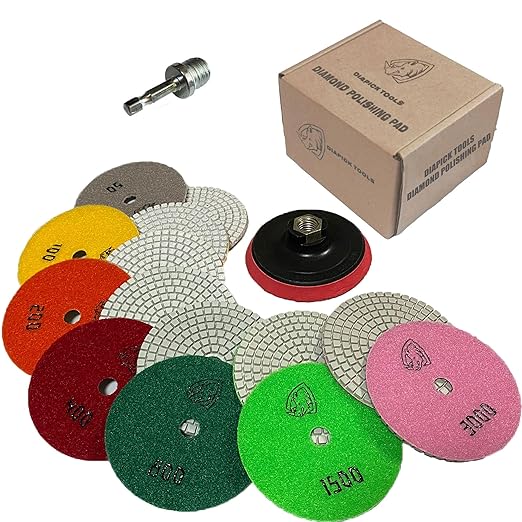DIAPICK TOOLS Diamond Polishing Pads 4 Inch Wet Dry Set 9 Pieces for Concrete Marble Quartz Stone Countertop Granite Polishing and Sanding disc Include 5/8"-11thread Backer pad and Drill Adapter