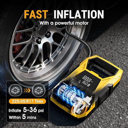 CARSUN Cordless Tire Inflator Portable Air Compressor, 150 PSI Air Compressor for Car Tires, Portable Tire Inflator with Digital Dual Values Display, Tire Pump for Car, Bike, Motorcycle, Ball