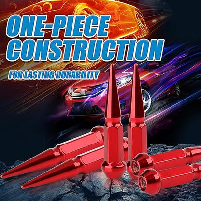 JiiinMiiin M10x1.25 Long Steel Spike Lug Nuts, Thread Pitch 10x1.25, Set of 16 ATV Wheel Nuts with A Socket. [Red]