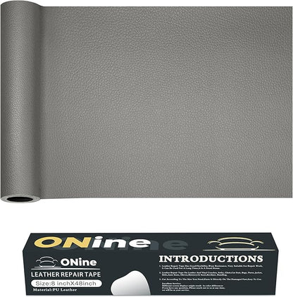 ONine Leather Repair Patch，Leather Repair Tape, 8 x 48 inches Leather Repair Patch for Furniture,Vinyl Repair kit，Leather Couch Patch，for Sofas, Furniture, car Seats(Grey-Litchi Grain)