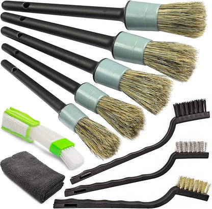 TAKAVU Complete Car Detailing Brush Kit (10 Piece) - Boar Hair Detail, Wire & Vent Brushes with Microfiber Towel for Wheels, Interior, Engine Bay Cleaning