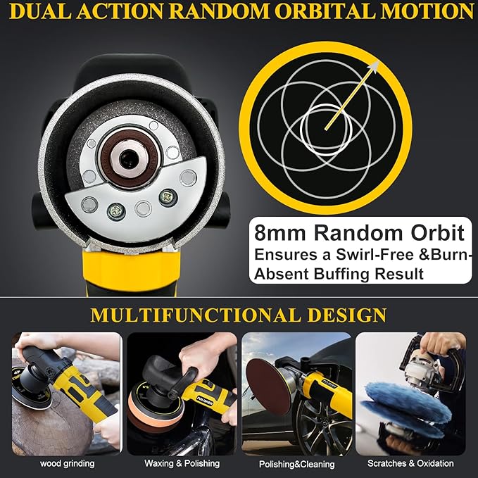 6-Inch 800W Car Polisher, 6 Variable Speed 8mm Dual Action(DA) Random Orbit Car Buffer Polisher Sander with Handle, Car Detailing Waxer Kit, 4600RPM, for Car Polishing&Waxing