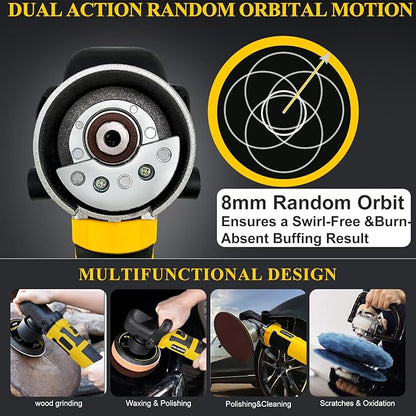 6-Inch 800W Car Polisher, 6 Variable Speed 8mm Dual Action(DA) Random Orbit Car Buffer Polisher Sander with Handle, Car Detailing Waxer Kit, 4600RPM, for Car Polishing&Waxing