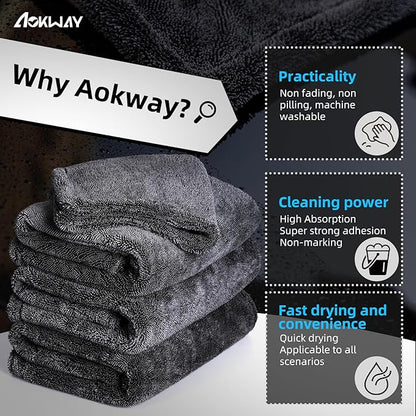 aokway Car Drying Towel from No Streaks, Scratches, or Water Spots - Large Premium 1300 GSM Microfiber - Double Twist Pile & Edgeless Design for Quick & Effortless Dry - 24” x 36”（1 Pack）