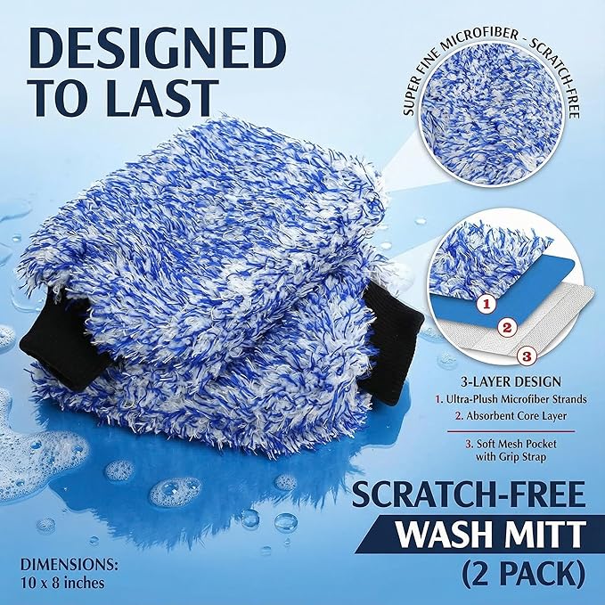 TAKAVU New Car Wash Mitt, 2 Pack Premium Cyclone Microfiber Washing Gloves, Holds Tons of Sudsy Water for Effective Washing, Machine Washable, Lint Free, Scratch Free (Blue)