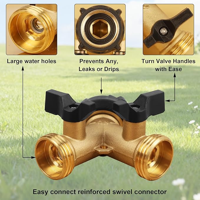 Biswing 2 Pack Garden Hose Splitter 2 Way, Heavy Duty Brass Connector Tap Splitter, Y Splitter 2 Valves with 4 Extra Rubber Washers