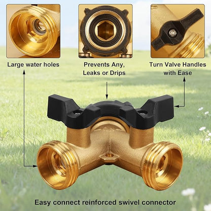 Biswing 2 Pack Garden Hose Splitter 2 Way, Heavy Duty Brass Connector Tap Splitter, Y Splitter 2 Valves with 4 Extra Rubber Washers