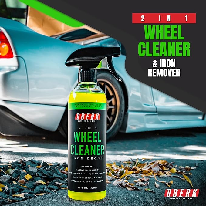 Oberk 2-in-1 Wheel Cleaner & Iron Remover – pH Neutral Iron Decon Spray for Car Detailing – Safe on Painted, Chrome, Aluminum, Powder-Coated Wheels (2 in1 Wheel Cleaner 16 oz)