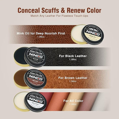 NINGO Leather Shoe Polish Kit, 16pcs Shoe Shine Kit with 6 Horsehair Brushes, 3 Black Brown Neutral Shoe Polish & Mink Oil