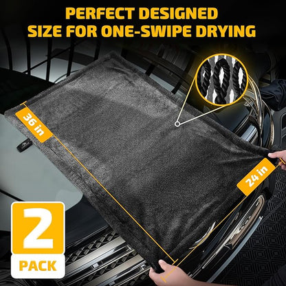2-Pack 1200 GSM Car Drying Towels – Microfiber Towels for Cars (36" x 24"), Ultra-Absorbent, Streak-Free, Scratch-Free, No Water Spots, Double-Twist Pile & Edgeless Design