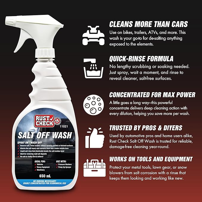 Rust Check Salt Off Wash - Car Salt Remover and Jet Ski Cleaner - Boat Wash and Outboard Motor Flusher - Multi-Surface and Driveway Salt Wash - Exterior Washdown Solution - 22 Fl Oz - Spray Bottle