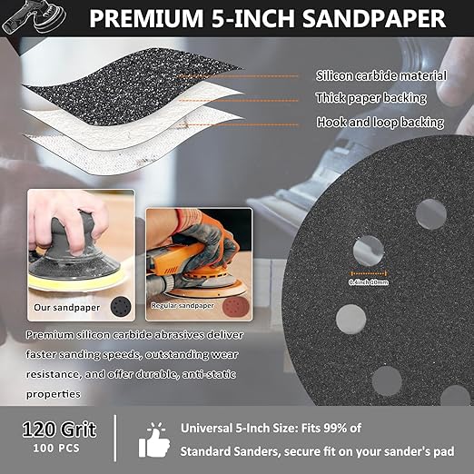 100PCS 5 Inch Hook and Loop Sanding Discs 120 Grit, 8 Hole Wet Dry Orbital Sander Sand Paper, Silicon Carbide Sandpaper for Automotive Wood Metal Glass