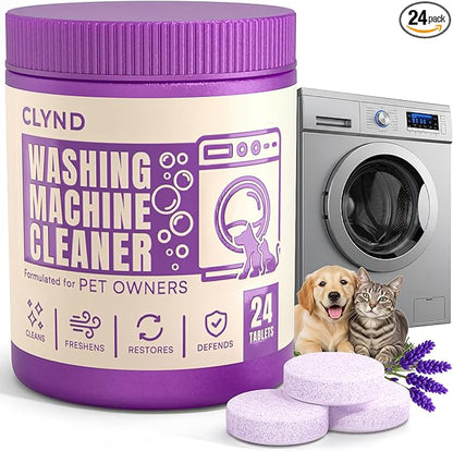 CLYND Washing Machine Cleaner Tablets 24 Pack for HE Front Load, Top Load Washing Machine Cleaning Tablets Descaler and Deodorizer, Formulated for Pet Owners, 1 Year Supply Laundry Washer Cleaner