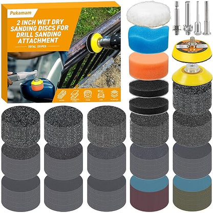 331 PCS 2 Inch Wet Dry Sanding Discs Grit 60 80 120 150 180 240 320 400 600 800 1000 1500 2000 3000 5000 10000 Hook and Loop for Drill Sanding Attachment