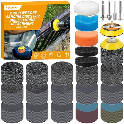 331 PCS 2 Inch Wet Dry Sanding Discs Grit 60 80 120 150 180 240 320 400 600 800 1000 1500 2000 3000 5000 10000 Hook and Loop for Drill Sanding Attachment