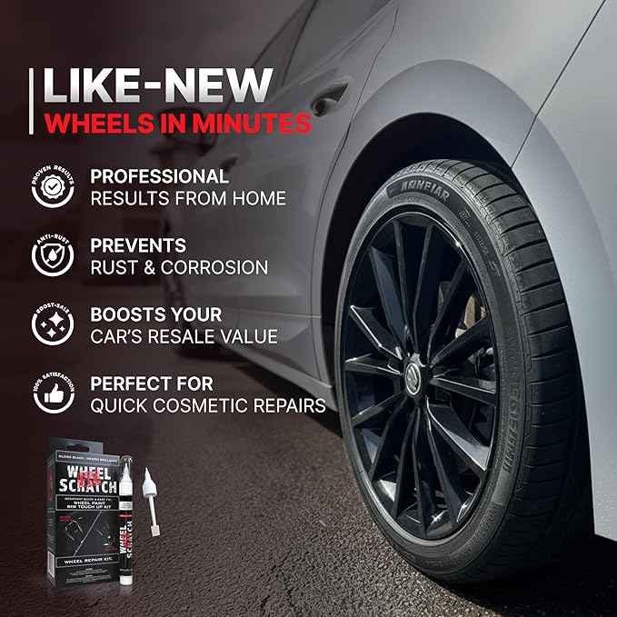 Wheel Scratch Fix® Gloss Black Touch Up Paint for Cars - DIY Alloy Wheel Repair Kit, Curb Rash Remover with Fast-Drying Pen - Long-Lasting OEM Finish Car Rim Paint for Scuffs and Chips at Home (Gloss Black)