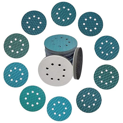 5 Inch 8 Hole Rhombus Sanding Discs Diamond Shape 140PCS Blue Sandpaper Discs Hook and Loop Sandpaper Orbital Sander Sandpaper 60/80/100/120/150/180/240/320/400/600 Grit with 2 Interface Pads