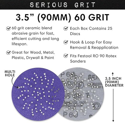 Serious Grit - 3.5-Inch (90mm) 60 Grit Sanding Discs - Advanced Ceramic Grain - Universal Multi-Hole Design Fits Festool RO 90 & Other 3.5 in RO Sanders - Heavy-Duty Hook & Loop Film Discs - 25 Pack