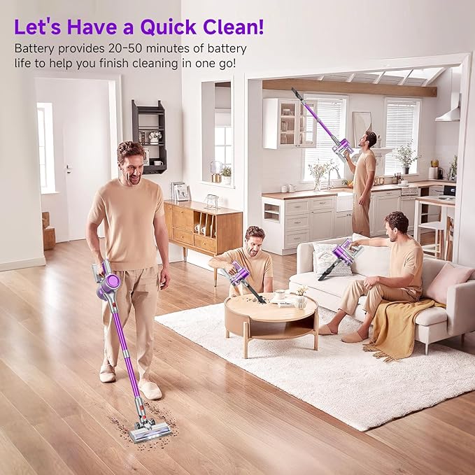 Vaconly Cordless Vacuum Cleaner, 8 in 1 40Kpa 55Mins,Lightweight Vacuum Cleaners for Home, Stick Vacuum with Anti-Tangle Brush,Wall Mount, Rechargeable Cordless Vacuum for Floor/Sofa/Pet Hair,Purple
