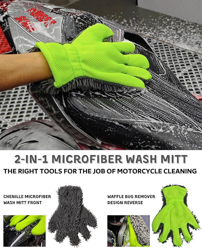 oesee 8 Pack Motorcycle Cleaning Kit - Professional Safe for Chrome/Engine/Tires, Hard Reach Brush, Microfiber Mitt, Detailing Tools, Drying Towel & Wax Applicators