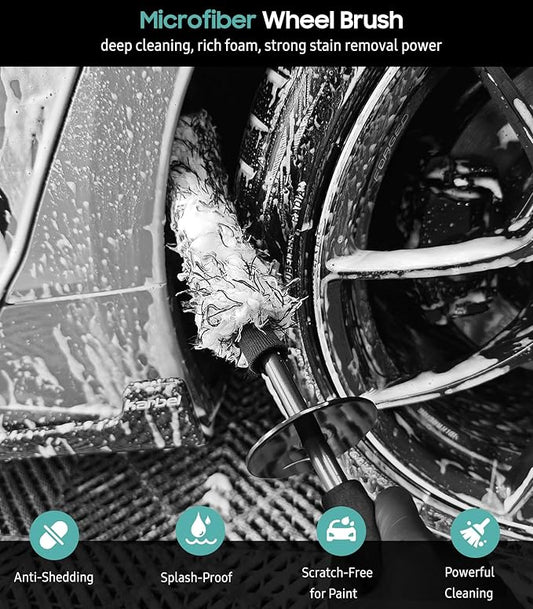 YeewayVeh 3PCS Wheel Cleaning Brush, Microfiber Flat Wheel Rim Cleaner Brush with 2 Extra Replaceable Cover, Car Cleaning Brush Kit for Wheels Tire Fenders Engine Exhaust Tips, Black&White
