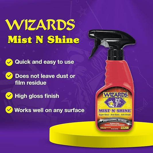 Wizards Mist-N-Shine Detail Spray - 8 Oz - Multi-Purpose High Gloss Finish Waterless Quick Detailer Spray for Glass, Chrome, Paint and Plastics - Car Exterior Cleaner for Auto Detailing Supplies