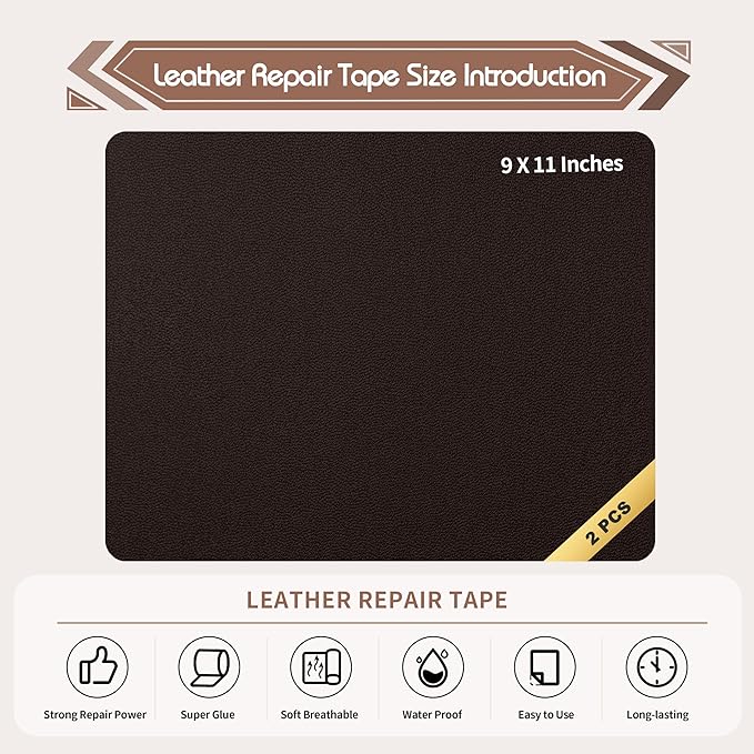 KING MOUNTAIN Leather Repair Patch,2 Packs 9 x 11 Inches self Adhesive Leather Repair Tape for Damaged Leather Furniture, Sofa Seating,Car Seats, Leather Goods（Fine Grained Dark Brown）