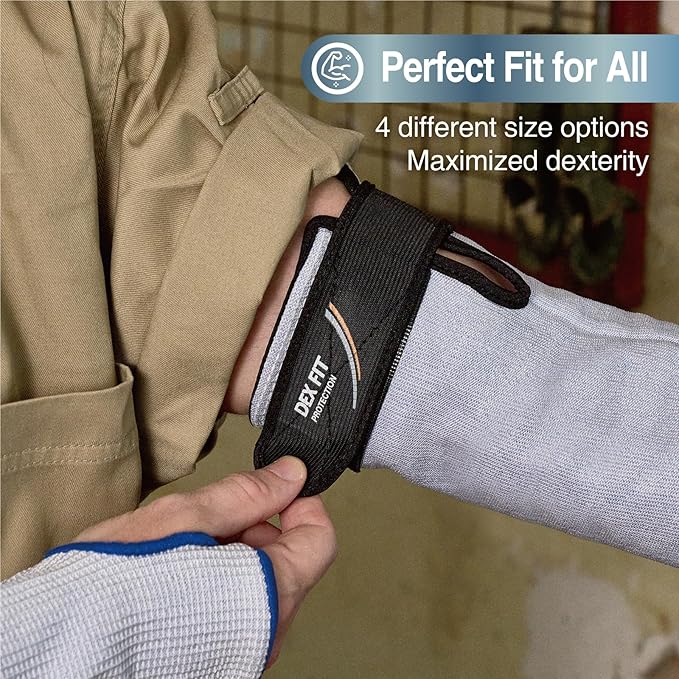 DEX FIT SSG913S ANSI A9 Cut Resistant Sleeves with Thumb Hole, Comfortable Arm Covers for Thin Skin and Bruising, Anti Slip Strap, Machine Washable; Blue XL 1 Pair