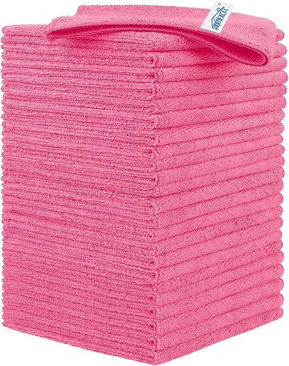 HOMEXCEL Pink Microfiber Cleaning Cloth, 24 Pack Cleaning Towels for Kitchen, Lint Free, Scratch-Free, Highly Absorbent, and Reusable Cleaning Rags for House, Window and Glass, Cars, 11.5 X11.5 inch
