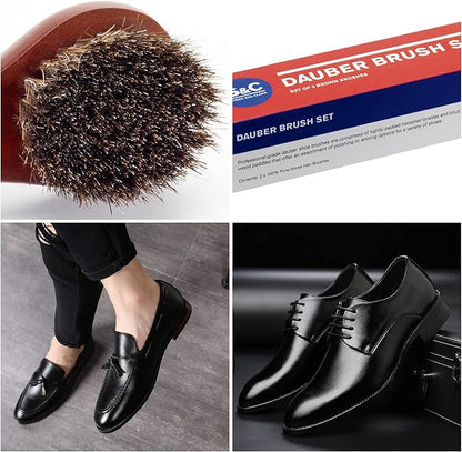 Premium Shoe Polish Brush Set - Horse Hair Brushes, Shoe Polish Applicator for Leather Footwear - Shoe Brushes for Cream & Polish - Made of White Horse Hair & Lotus Wood Handle