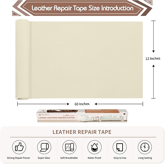 KING MOUNTAIN Leather Repair Patch,12 x 60 Inches self Adhesive Leather Repair Tape for Damaged Leather Furniture, Sofa Seating,Car Seats, Leather Goods（Beige White）
