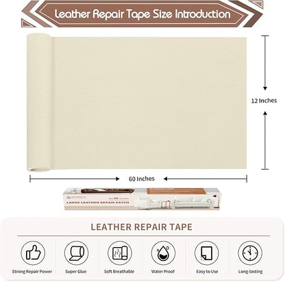 KING MOUNTAIN Leather Repair Patch,12 x 60 Inches self Adhesive Leather Repair Tape for Damaged Leather Furniture, Sofa Seating,Car Seats, Leather Goods（Beige White）