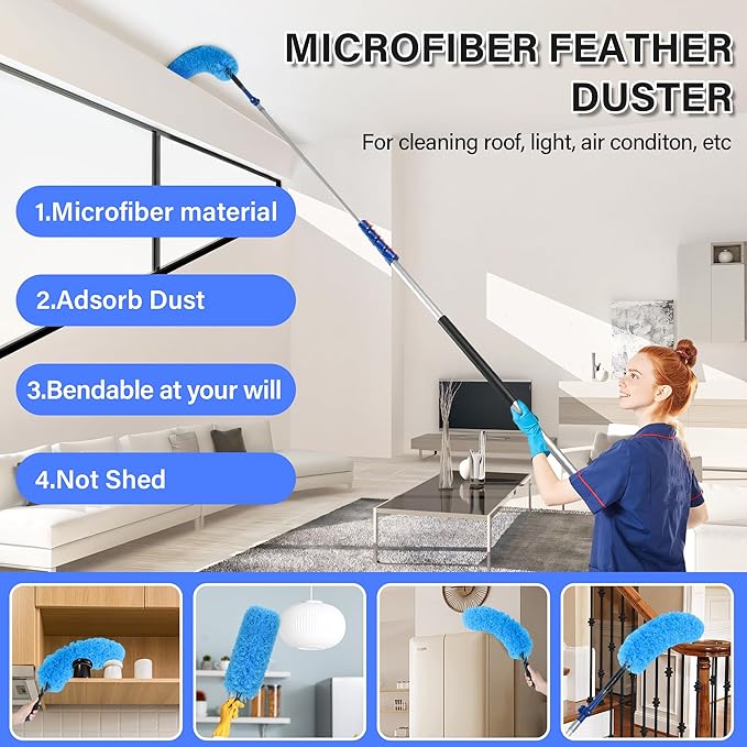 30 FT High Reach Cleaning Kit with 7-30 Foot Telescoping Extension Pole, Flexible Ceiling Fan Duster, Microfiber Feather Duster, Cobweb Duster & Window Squeegee & Washer