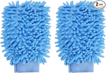 HARFINGTON 2pcs Chenille Microfiber Car Wash Mitts 9.8" x 7.9" Scratch Free Wash Gloves Absorbent Double Sided Plush Cleaning Drying Mitts for Car Washing Home Light Blue