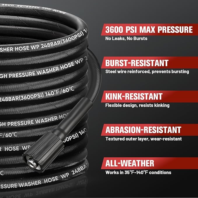 50FT Steel Wire Braided Washer Hose – Kink-Resistant, 248Bar / 3600 PSI, Burst-Resistant Replacement Hose with M22 Fittings – Compatible with Ryobi, Greenworks, Troy-Bilt, Most Power Washers.