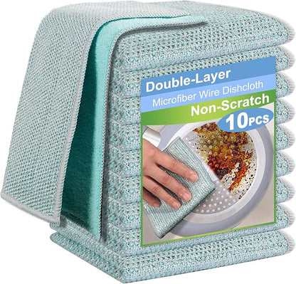 TIVERAIN 10pcs New Upgrade 2-Layer Microfiber Wire Dishcloth,Non-Scratch Wire Dishwashing Rags for Wet and Dry,Metal Scrubbers, Kitchen Miracle Cleaning Dish Rags for Cookware,Sinks, Dishes,Stove,Blue