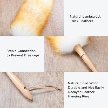 ONESIMUS 2 Pack Lambswool Dusters Fluffy Handheld Natural Feather Duster, 16.1 inch Washable Reusable Wool Dusters with Solid Wooden Handle for Cleaning Ceiling Fan, Interior, & Car etc