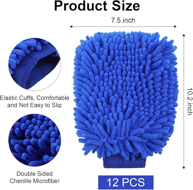 12 Pcs Microfiber Car Wash Mitt Set - Premium Car Washing Mitts with Scratch Free Coral Fleece, Ultra Absorbent Microfiber Wash Mitt for Auto Detailing (10.2 x 7.5 Inch, Blue)