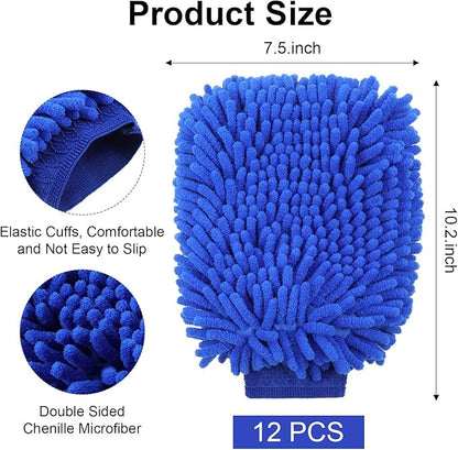 12 Pcs Microfiber Car Wash Mitt Set - Premium Car Washing Mitts with Scratch Free Coral Fleece, Ultra Absorbent Microfiber Wash Mitt for Auto Detailing (10.2 x 7.5 Inch, Blue)