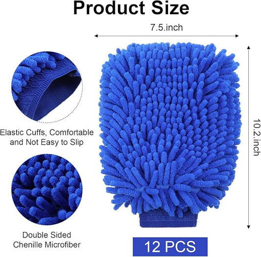 12 Pcs Microfiber Car Wash Mitt Set - Premium Car Washing Mitts with Scratch Free Coral Fleece, Ultra Absorbent Microfiber Wash Mitt for Auto Detailing (10.2 x 7.5 Inch, Blue)