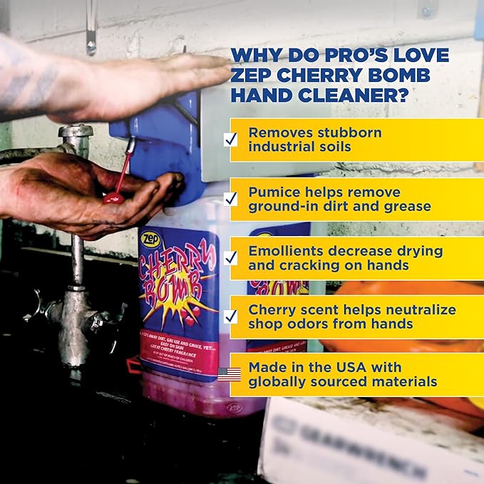 Zep Cherry Bomb Hand Cleaner and Zep D-4000 Hand Soap Dispenser - 1 Gal (Case of 4) - 95124 - Heavy-Duty Shop Grade Formula