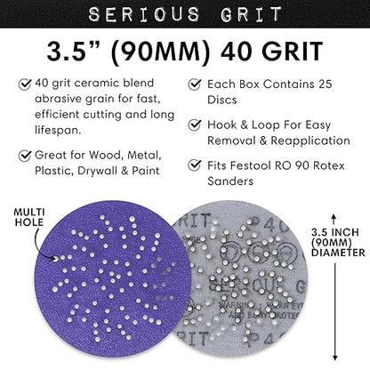 Serious Grit - 3.5-Inch (90mm) 40 Grit Sanding Discs - Advanced Ceramic Grain - Universal Multi-Hole Design Fits Festool RO 90 & Other 3.5 in RO Sanders - Heavy-Duty Hook & Loop Film Discs - 25 Pack