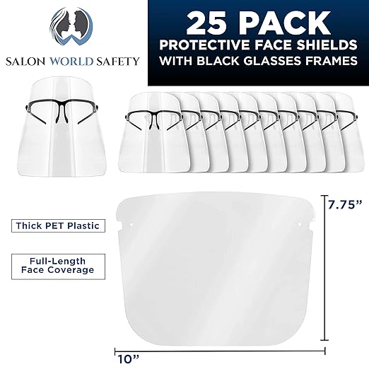 TCP Global Salon World Safety Face Shields with Black Glasses Frames (Pack of 25) - Ultra Clear Protective Full Face Shields to Protect Eyes, Nose, Mouth - Anti-Fog PET Plastic, Goggles