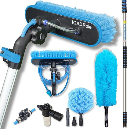 IGADPole 17 FT Water-Fed Cleaning Kit – Extendable Telescopic Pole with Soap-Dispenser, Brush & Cobweb Duster, Adjustable 5-17 FT Handle for Safe High Window, Gutter, Solar Panel & Exterior Cleaning