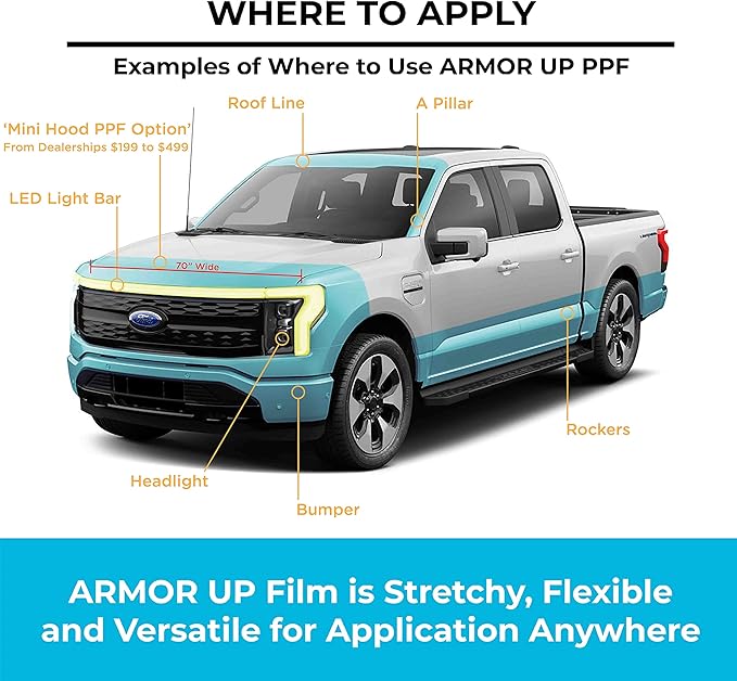 [ARMOR UP] 12"x 80", Mini Hood Dealership Kit Clear Paint Protection Film for Cars, SUV, Full Size Pick-Up Trucks - 8-mil TPU Automotive Protector Wrap - Gloss Finish, Non-Yellowing, UV Protection