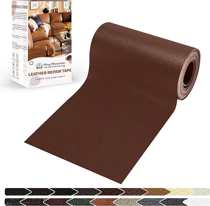KING MOUNTAIN Leather Repair Patch,4 x 63 Inches self Adhesive Leather Repair Tape for Damaged Leather Furniture, Sofa Seating,Car Seats, Leather Goods（New Brown）