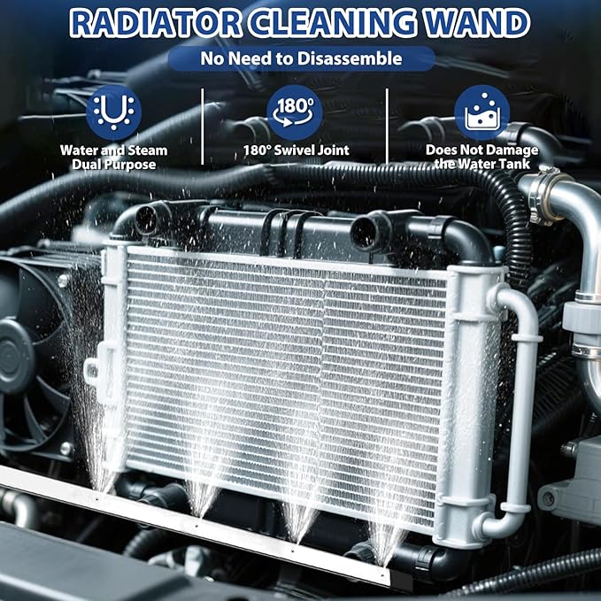 304 Stainless Steel Car Radiator Cleaner 4500PSI High-Pressure 4-Hole Fan Nozzle, 1/5" Ultra-Thin Flat Design, 180° Rotating Brass Adapter, Water-Air Dual-Use. Fits tight spaces