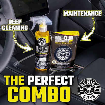 Chemical Guys InnerClean Interior Quick Detailer & Protectant Wipes – 50 Pack Multi Surface Interior Cleaner Wipes for Dashboards, Doors and Seats – Safe for Cars, Trucks, SUVs, RVs and Home Use